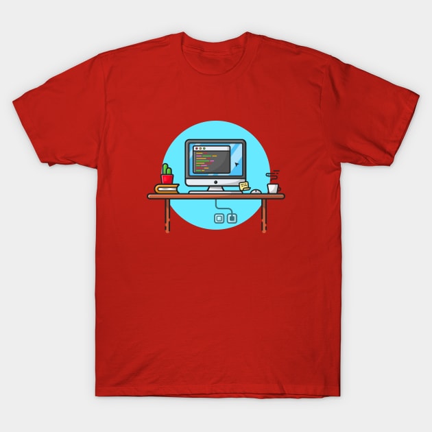 Coding Programmer Workspace with Cactus, Coffee and Book Cartoon Vector Icon Illustration T-Shirt by Catalyst Labs